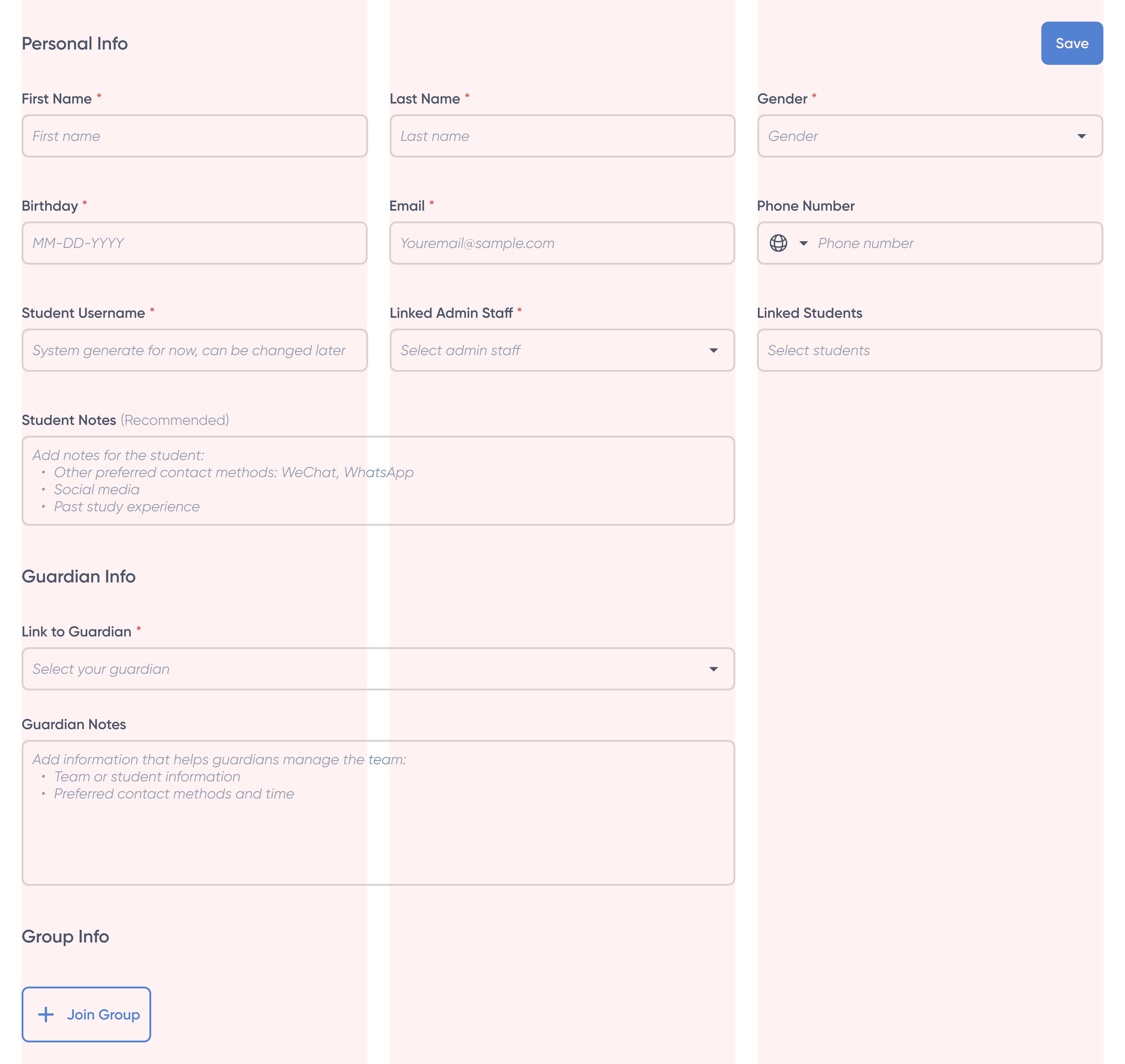 New student form — edit mode with all fields open